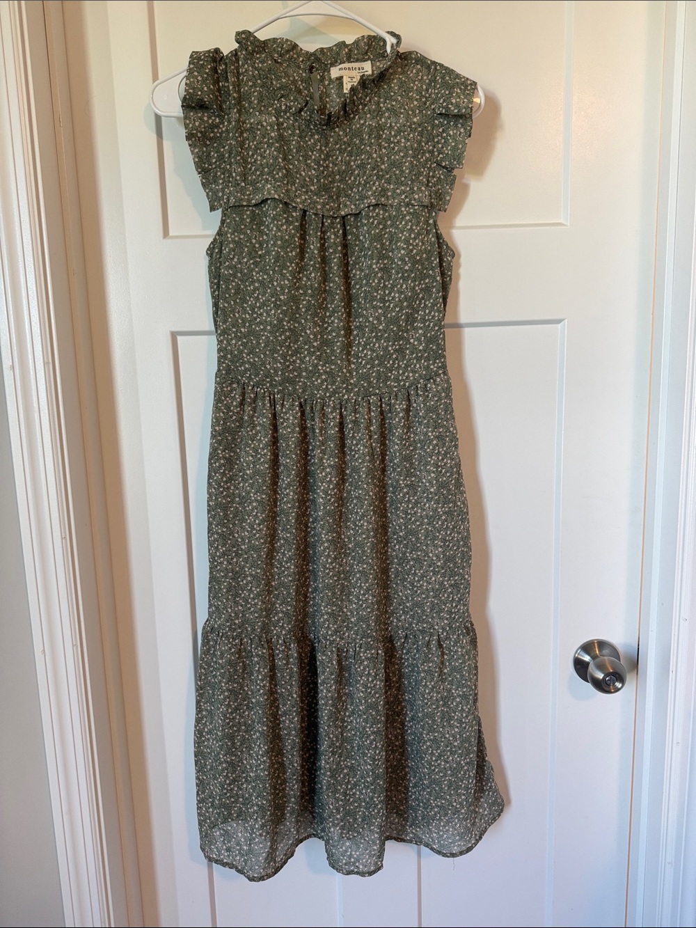 Monteau Olive Green Floral Maxi Dress with Ruffle Neck